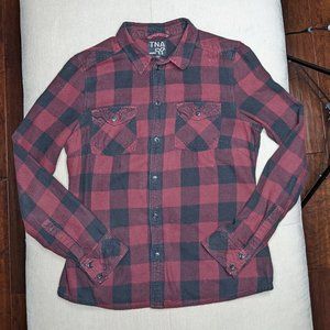 Dark Red Aritzia TNA Plaid Flannel Long Sleeve Button Down